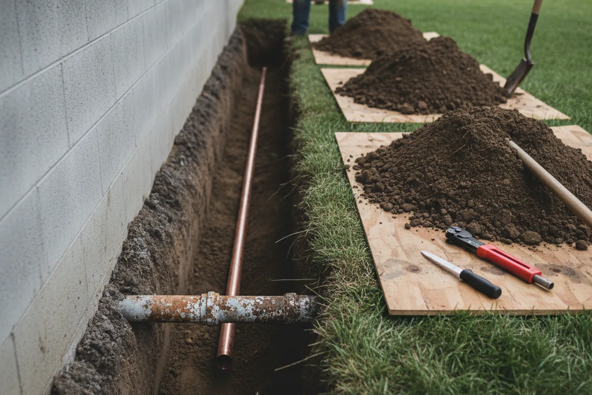 Excavated water line trench during Water Softener Installation in Winchester